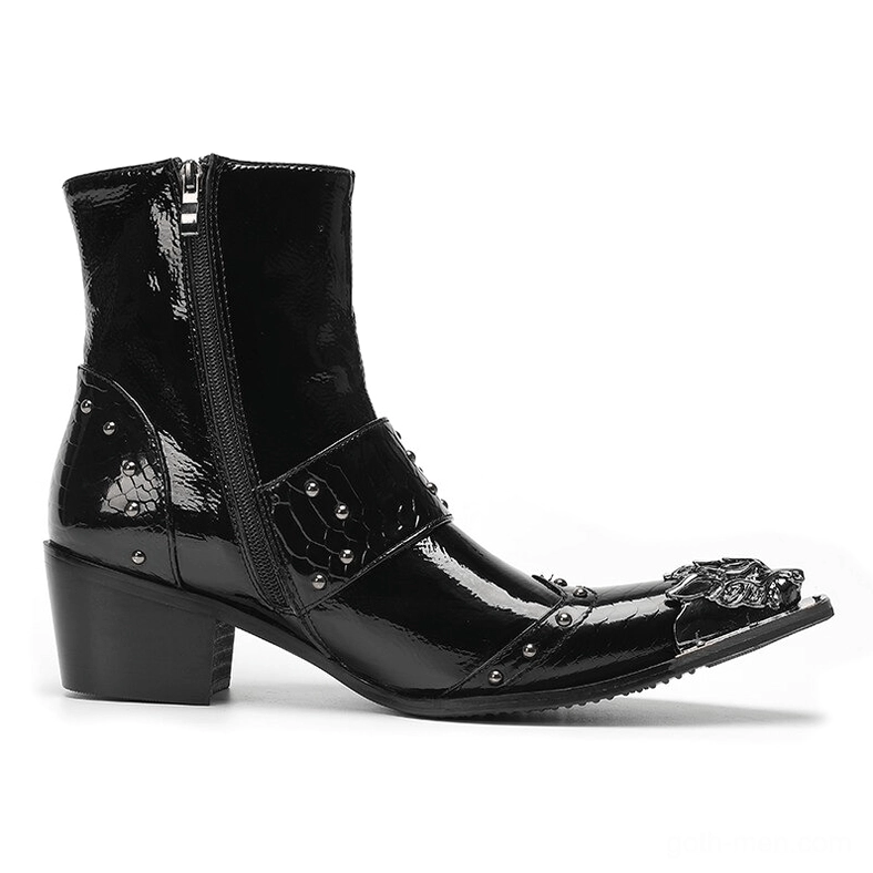 Brown snakeskin patent leather gothic ankle boots architectural hardware and buckle strap design detail