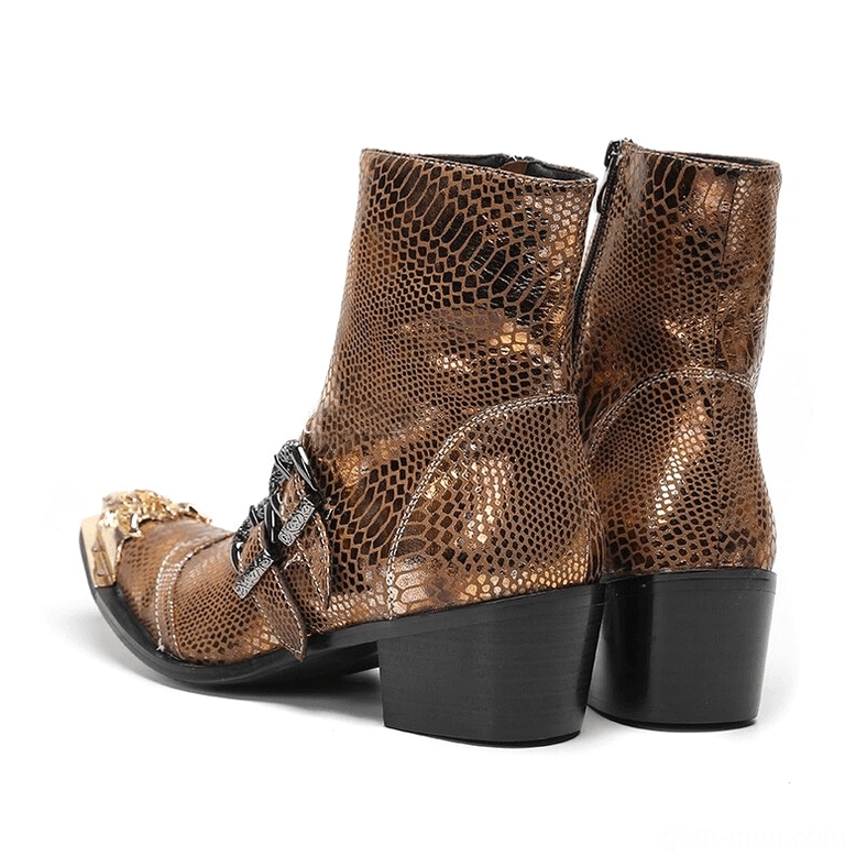 Brown snakeskin patent leather gothic ankle boots with block heel and side zipper rear view
