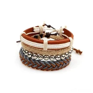 Stacked brown braided rope bracelets with adjustable pull-tie closure, front view showing hidden safety clasp mechanism and leather texture detail