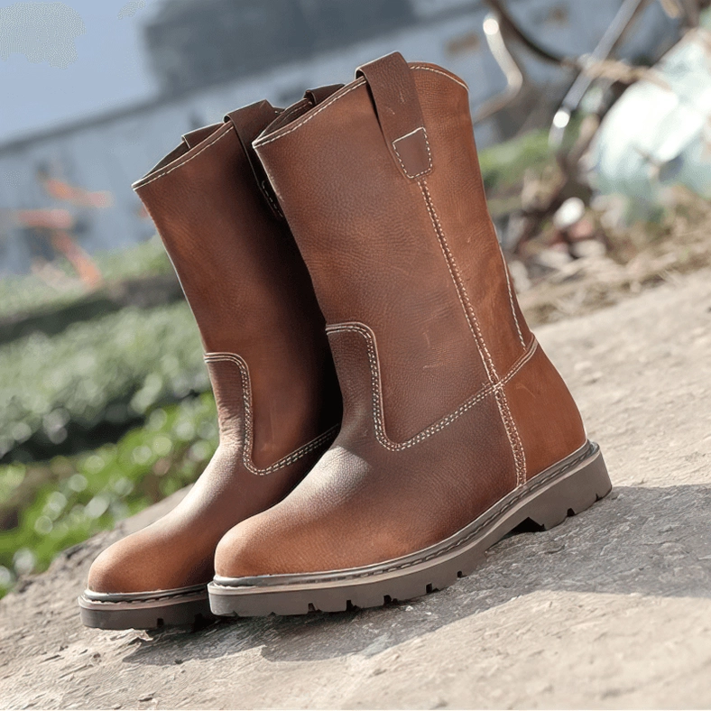 Brown leather gothic boots outdoor three-quarter view with natural grain texture