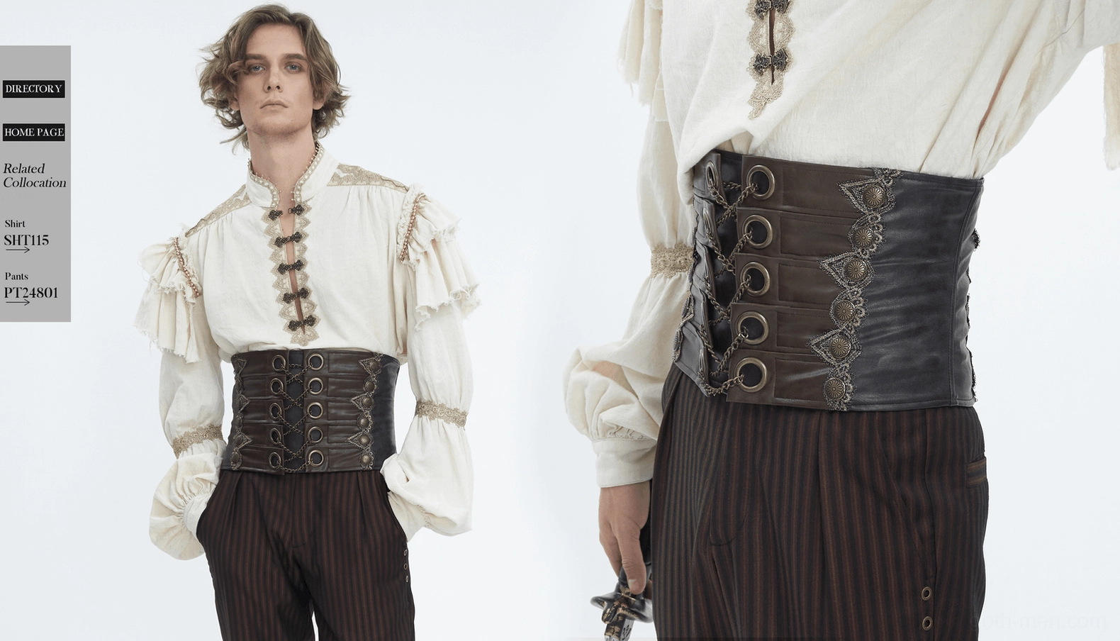 Brown gothic corset belt product detail showing leather texture and chain accent construction