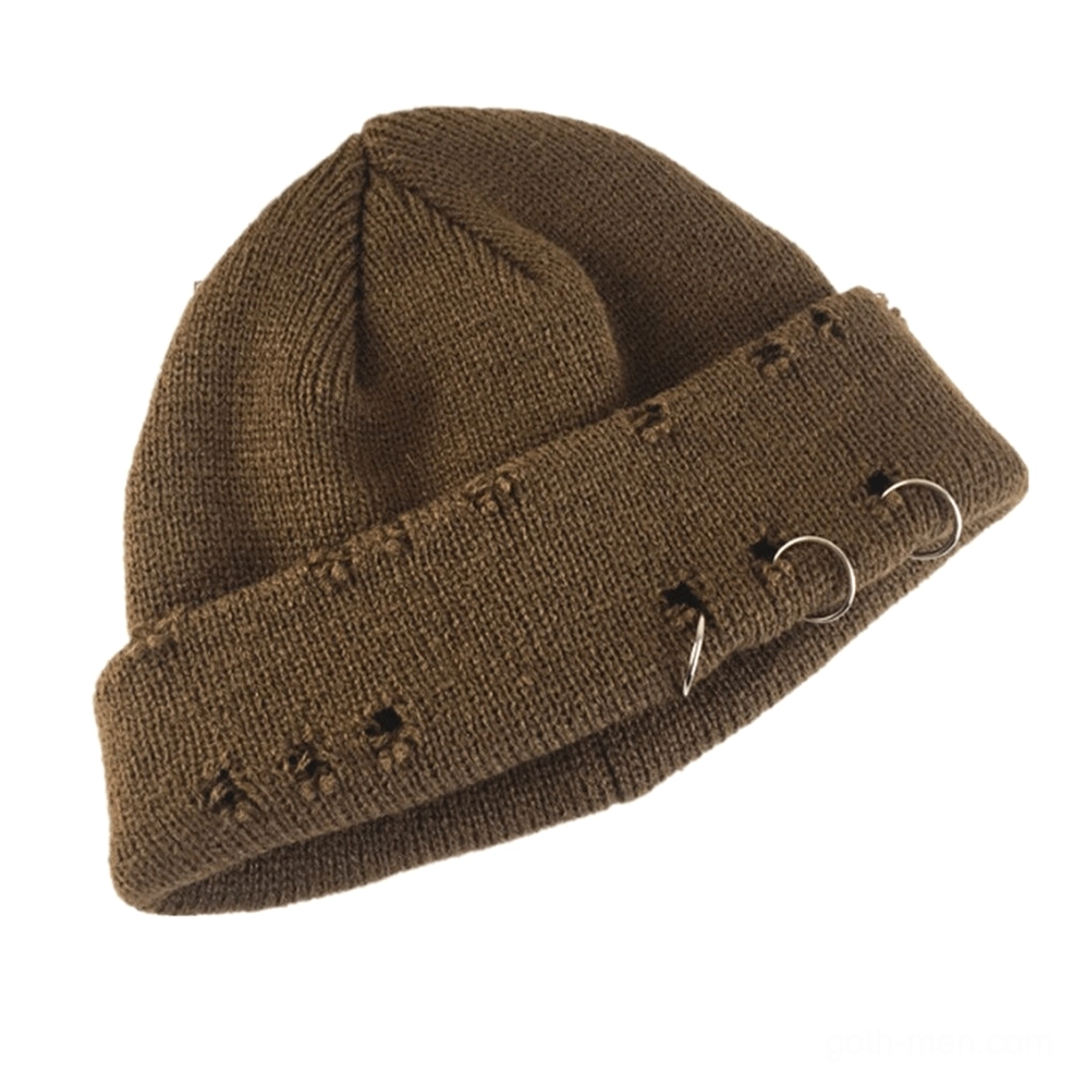 Brown coffee-colored gothic beanie with cut-out details and metal ring embellishments