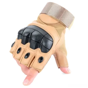 Brown gothic fingerless tactical gloves with reinforced knuckle protection and adjustable wrist strap, displaying PU leather construction and breathable mesh panels