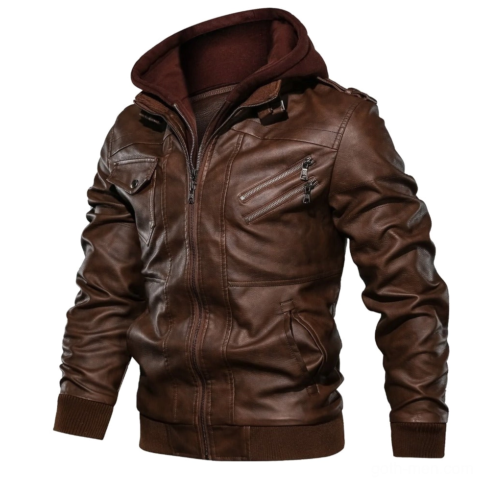 Medium brown gothic hooded leather biker jacket with maroon hood and zippered chest pocket