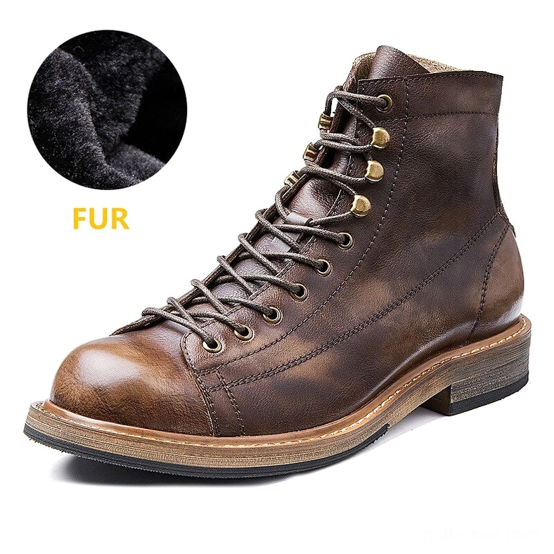 Brown distressed men's gothic ankle boots with fur material label and genuine leather construction, side view