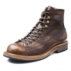 Vintage brown distressed leather men's gothic lace-up ankle boots with thick rugged sole and round toe profile