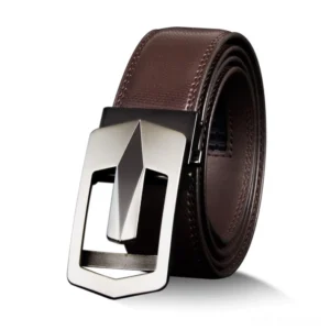 Deep brown textured genuine leather gothic belt with silver alloy geometric buckle, oblique angle