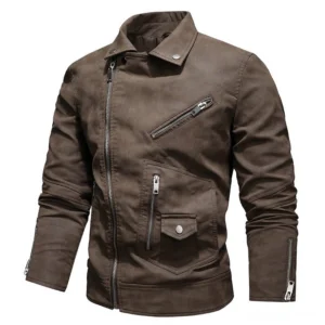 Brown gothic PU leather motorcycle biker jacket with functional sleeve zippers studio shot