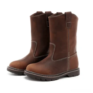 Brown leather gothic mid-calf boots pair three-quarter front view with contrast stitching