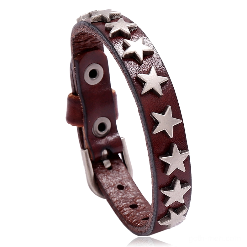 Dark brown distressed leather bracelet with antique silver star rivets and vintage character, side view