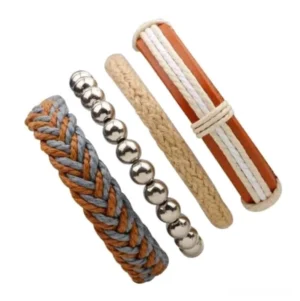 4-piece brown gothic leather bracelet set with braided rope design, flat lay composition showing all bracelet variations with geometric patterns and rock style elements