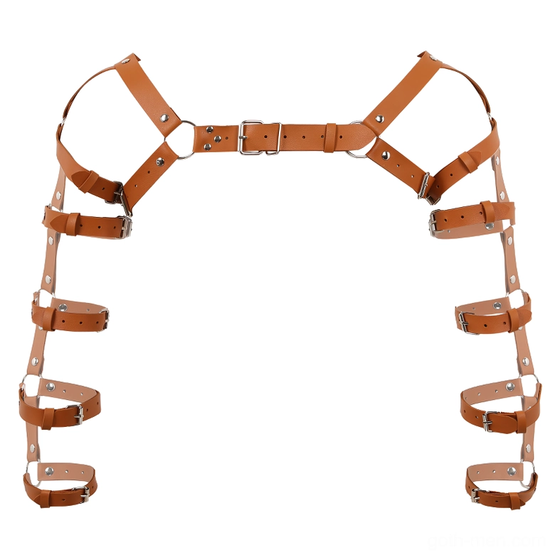 Brown leather gothic harness flat lay view silver buckles full arm strap design