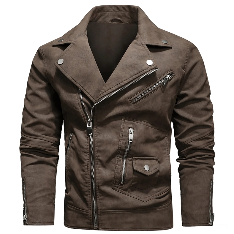 Brown gothic leather jacket lapel collar variant with sleeve zippers and metal hardware
