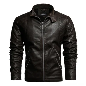 Dark brown vintage finish gothic PU leather motorcycle jacket with quilted shoulder panels and dual zipper pockets