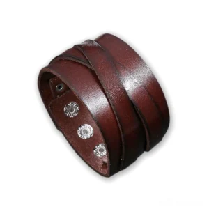 Brown leather gothic wrap bracelet with vintage texture and metal snap fasteners, 3/4 angle display