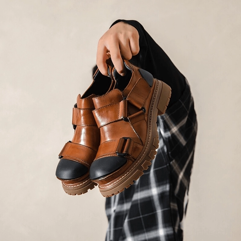Brown gothic work-style loafers with reinforced toe protection and lug rubber sole, industrial design