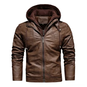 Men's brown faux leather hooded gothic motorcycle jacket with grey fleece hood - front view