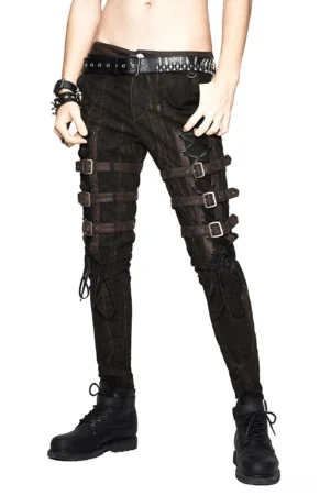 Brown gothic slim-fit pencil pants with metal buckle straps and lace-up leg details, front three-quarter view on male model