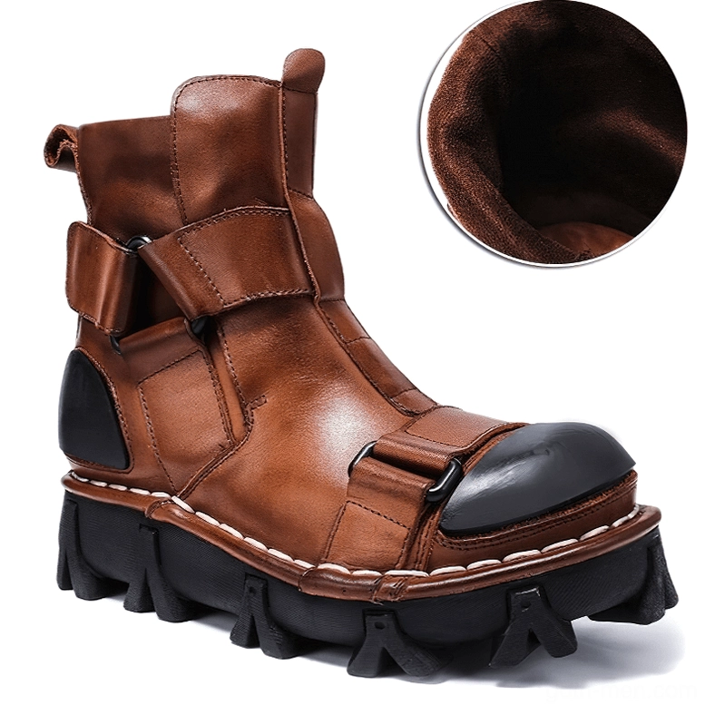 Brown leather platform boots with fleece inner lining, buckle straps, and polished toe cap - gothic punk front angle