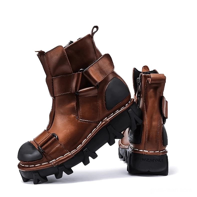 Brown gothic punk leather boots with buckle straps, pull tab heel, and heavy lug sole - front and rear view