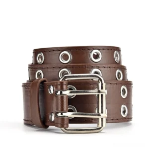 Brown grommet PU leather gothic waist belt with double row eyelets and punk rock pin buckle, flat lay view
