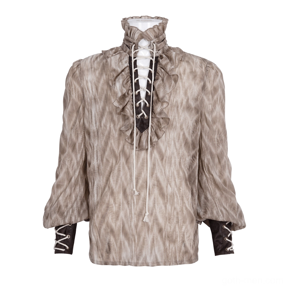 Brown gothic ruffled collar lace-up shirt full front view mannequin display with billowy sleeves
