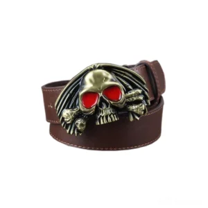 Brown vintage leather skull belt with bronze skull buckle featuring red enamel eyes and bone details, alternative style men's accessory
