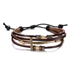 Brown gothic stone bead bracelet with mixed bead sizes, adjustable cord closure, flat lay photography