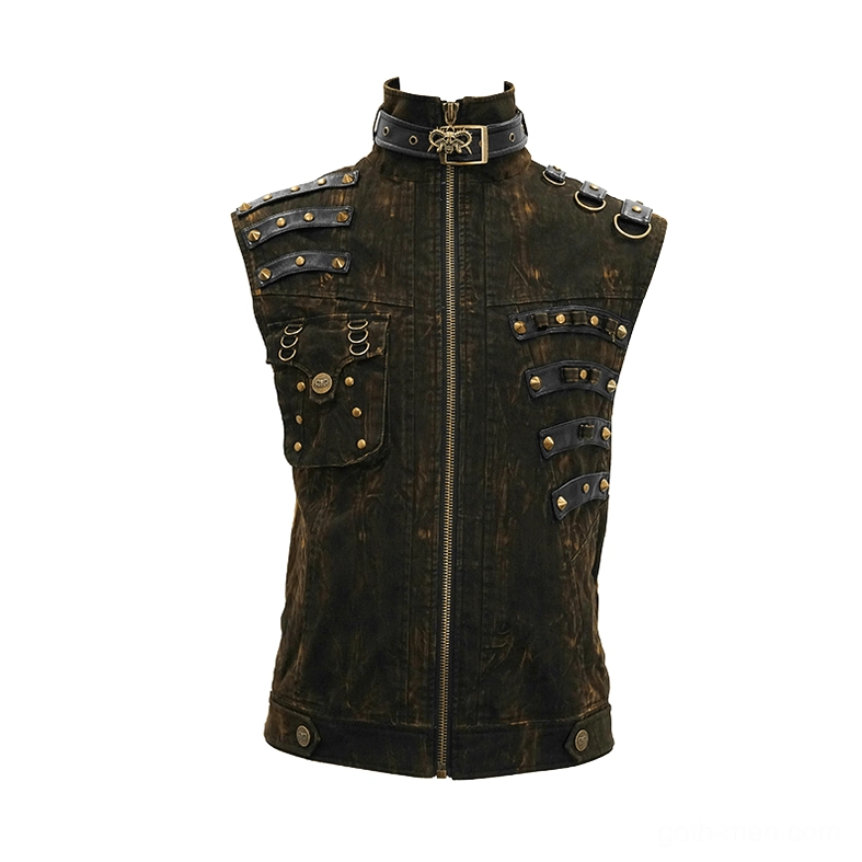 Distressed brown leather gothic vest flat lay front displaying brass hardware and buckle details