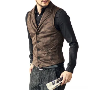 Brown gothic waistcoat side profile on model paired with formal shirt and striped pants