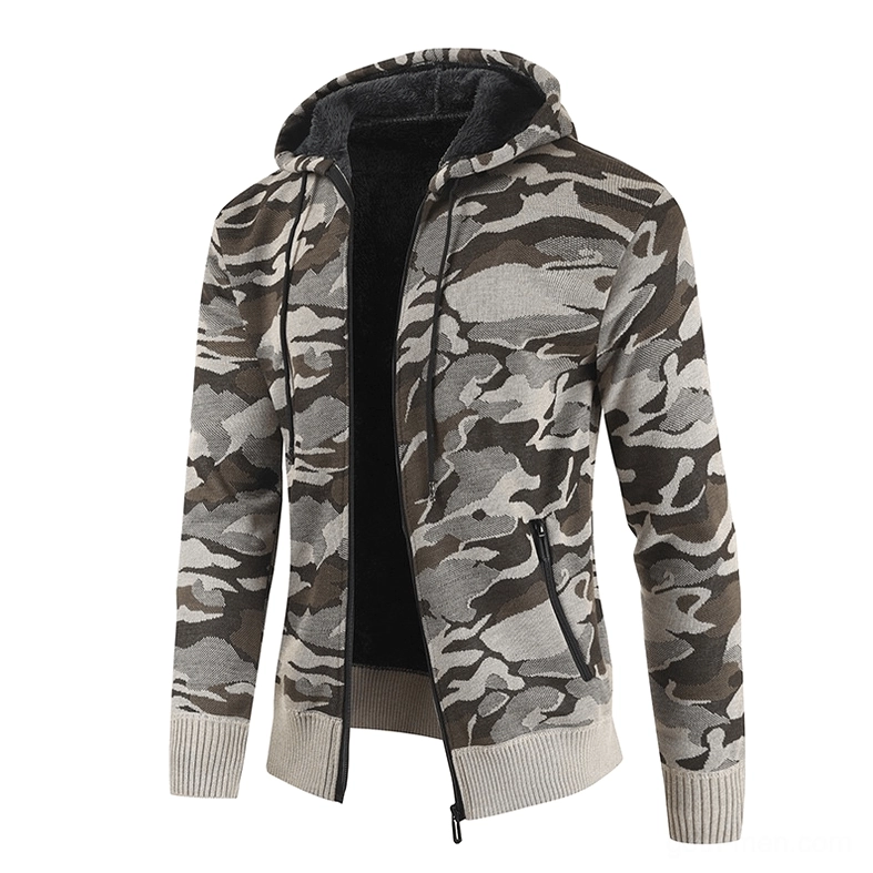 Brown-gray camouflage fleece hooded cardigan with side zip pockets and ribbed knit hem - gothic tactical styling
