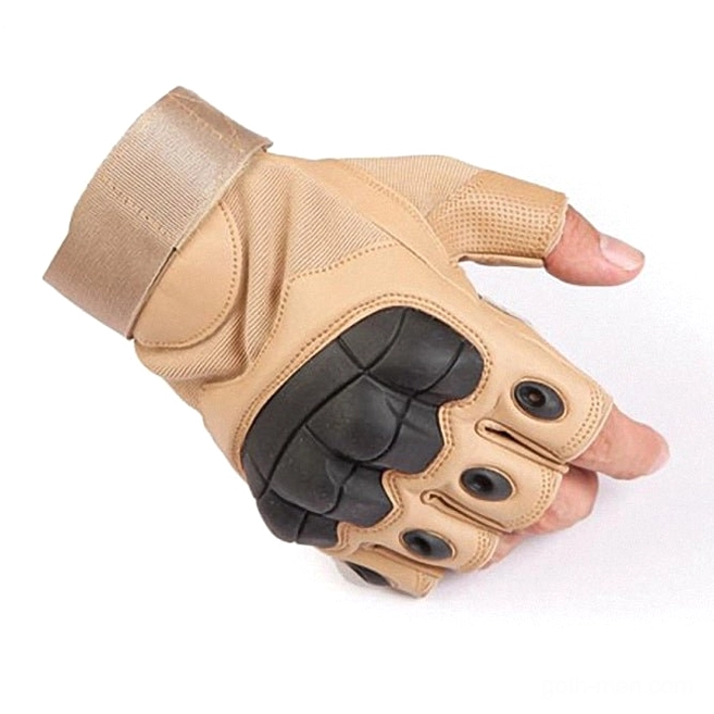 Brown half-finger tactical gloves with tan and black color blocking, partial fingerless design, and tactical knuckle armor