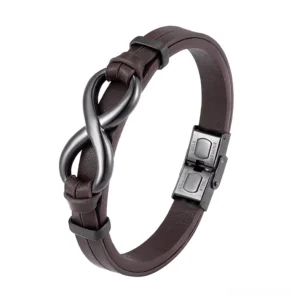 Brown infinity leather bracelet with matte stainless steel hardware, classic gothic infinity symbol detail