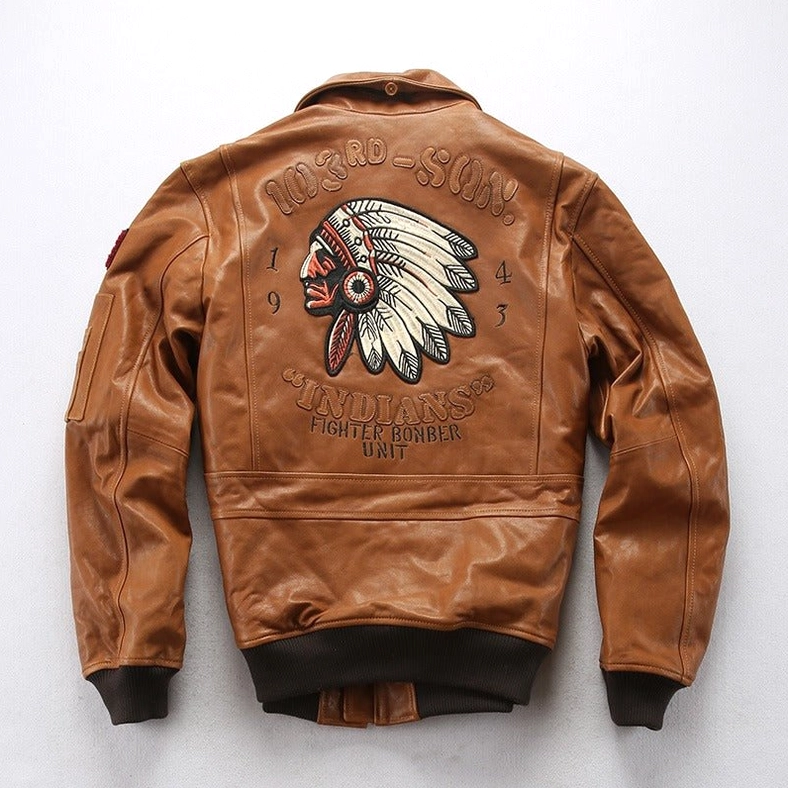 Brown cognac lambskin gothic bomber jacket worn front view highlighting silhouette and embroidery craftsmanship
