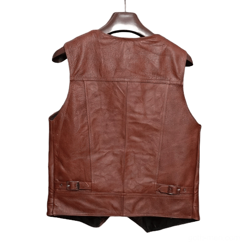 Back view of brown leather gothic biker vest with adjustable waist buckles and center seam detailing