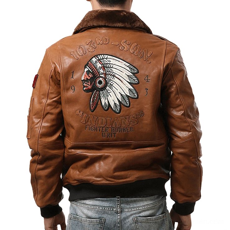 Brown lambskin bomber jacket rear view displaying large back embroidery artwork and vintage patches