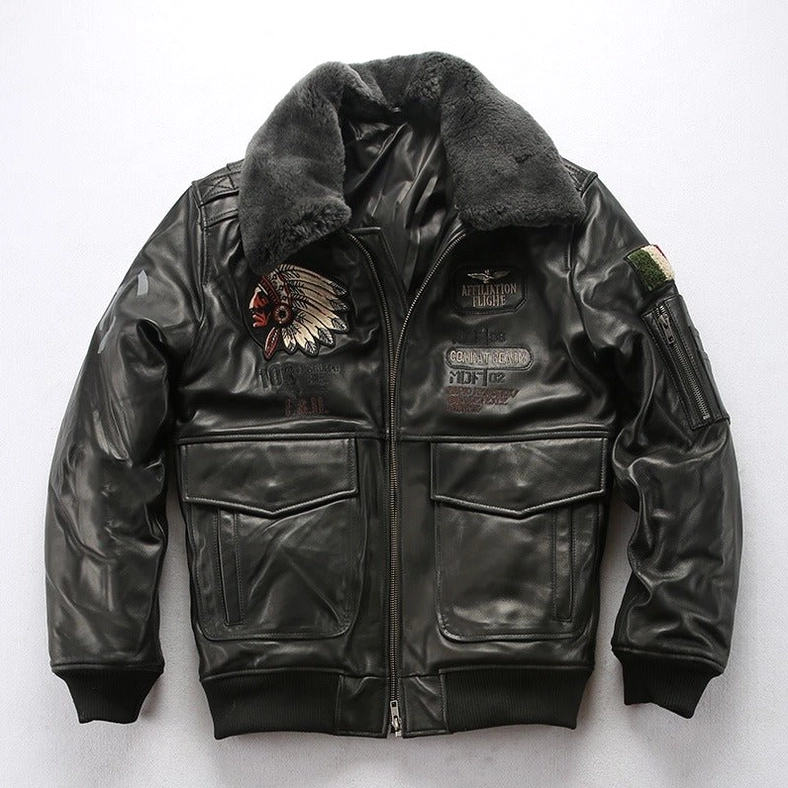 Brown leather bomber jacket worn back view showing full embroidery artwork and jacket length proportions