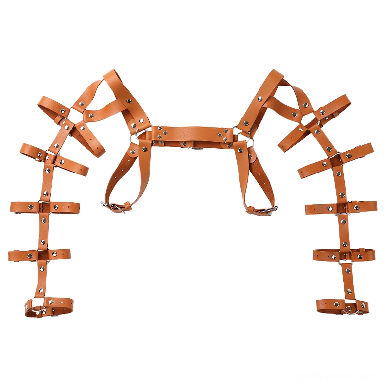 Brown gothic leather harness symmetrical structure adjustable strap ends studio product shot