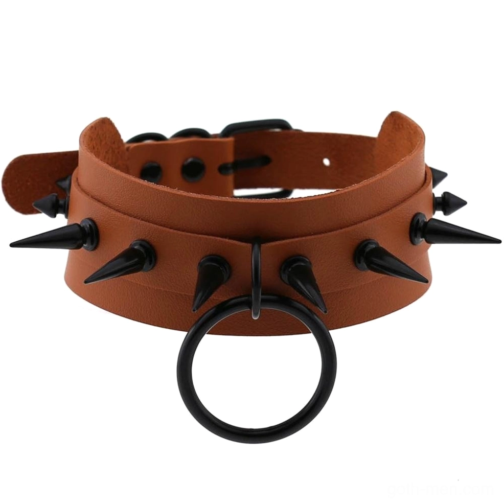 Tan brown leather spiked choker with black spike decorations and O-ring - side view