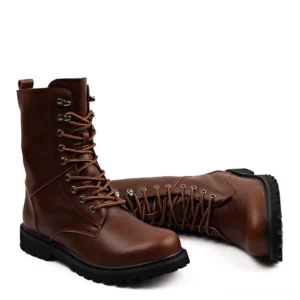 Brown gothic combat boots with metal eyelets and lace-up closure, front and side view showing high-top leather silhouette