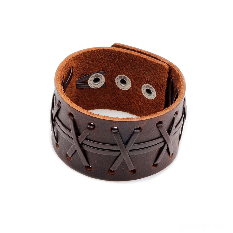Brown leather wrap cuff bracelet front close-up view, showing detailed cross-stitched exterior and stainless steel snap fasteners