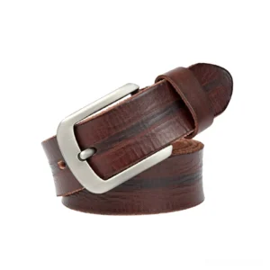 Deep brown vintage leather gothic men's belt with striped grain texture and rectangular silver buckle, professional flat lay studio view