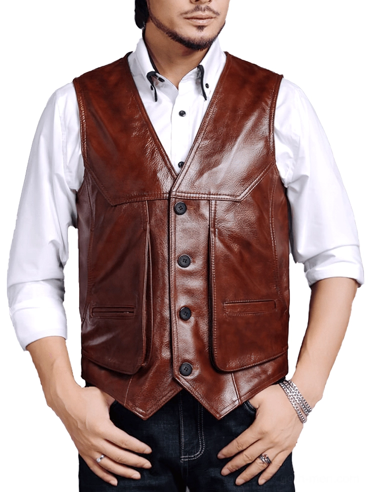 Brown genuine leather gothic biker vest for men, front view worn by model with button closure and front flap pockets