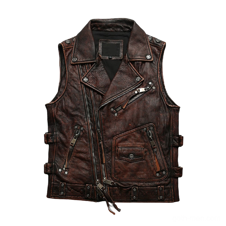 Brown genuine leather gothic biker vest flat lay showing oblique zip fasteners and tailored moto cut - vintage style