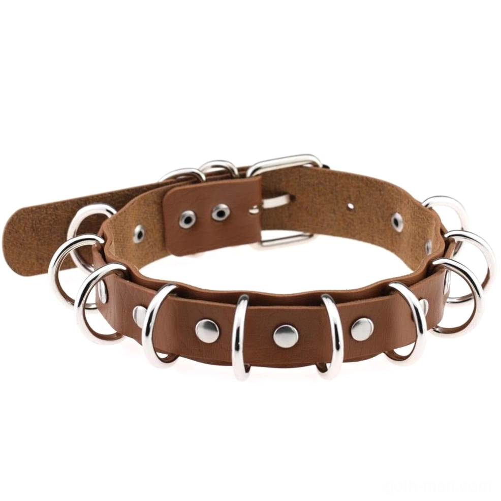 Medium brown faux leather gothic neck choker with metal ring accents on white background