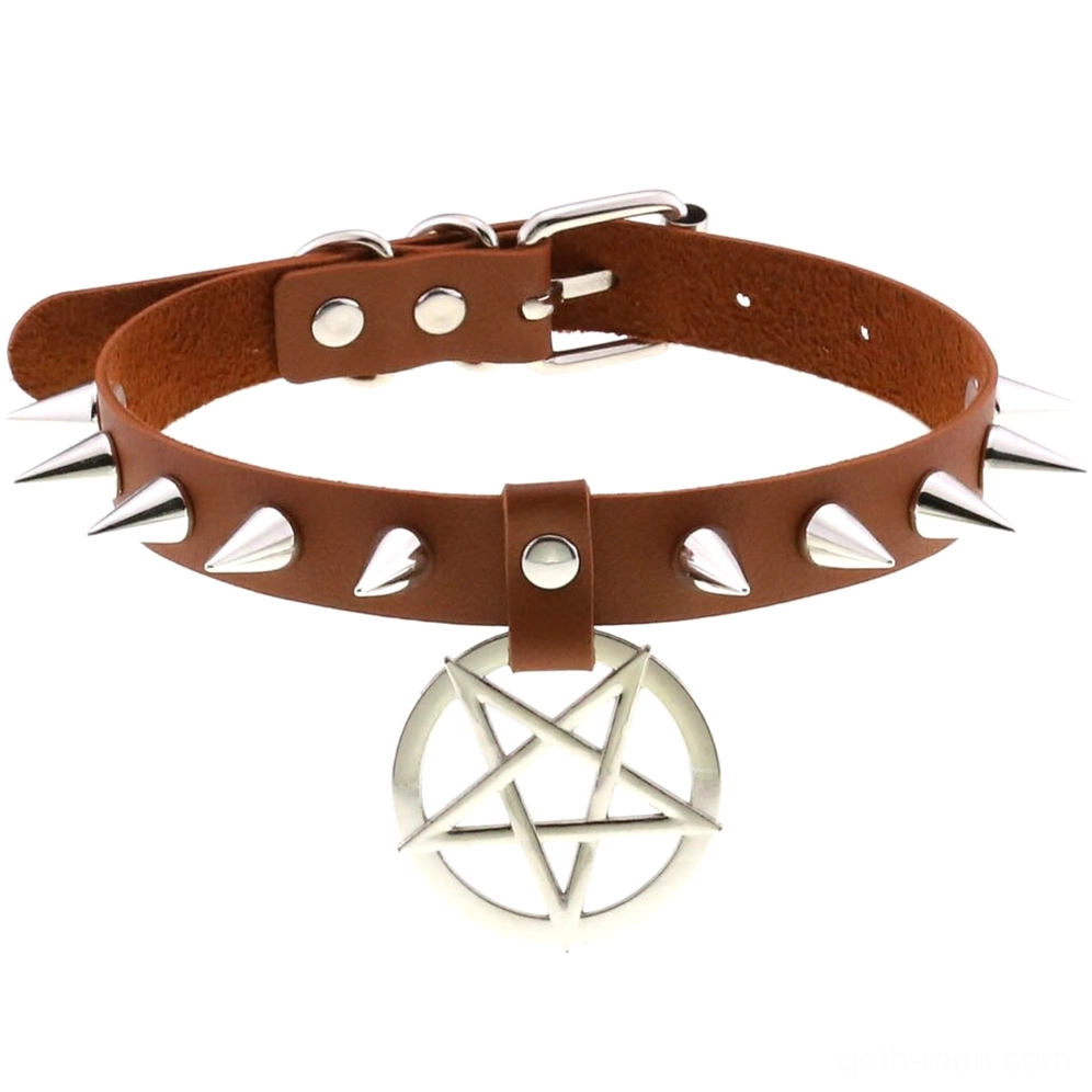 Brown leather spiked gothic choker featuring pentagram pendant and metal studs