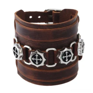 Brown genuine leather gothic cuff bracelet with zinc alloy cross studs, wide punk rock bracelet front view