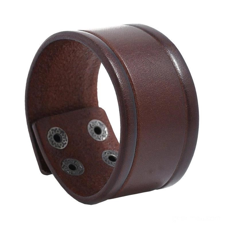 Brown wide genuine leather gothic cuff bracelet with layered leather trim detail, front three-quarter view