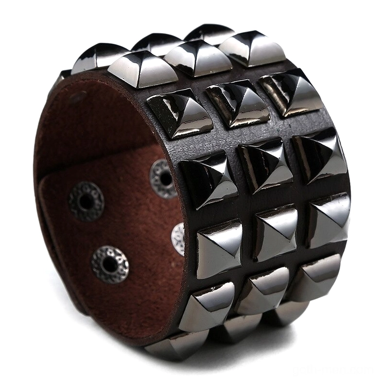 Dark brown studded leather gothic cuff bracelet with pyramid metal stud rows - top view