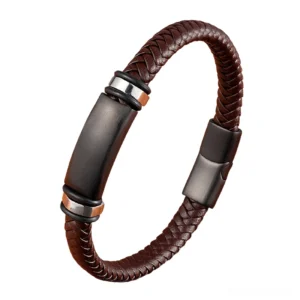 Brown genuine leather gothic bracelet with geometric braided pattern, magnetic stainless steel clasp, alternative men's jewelry
